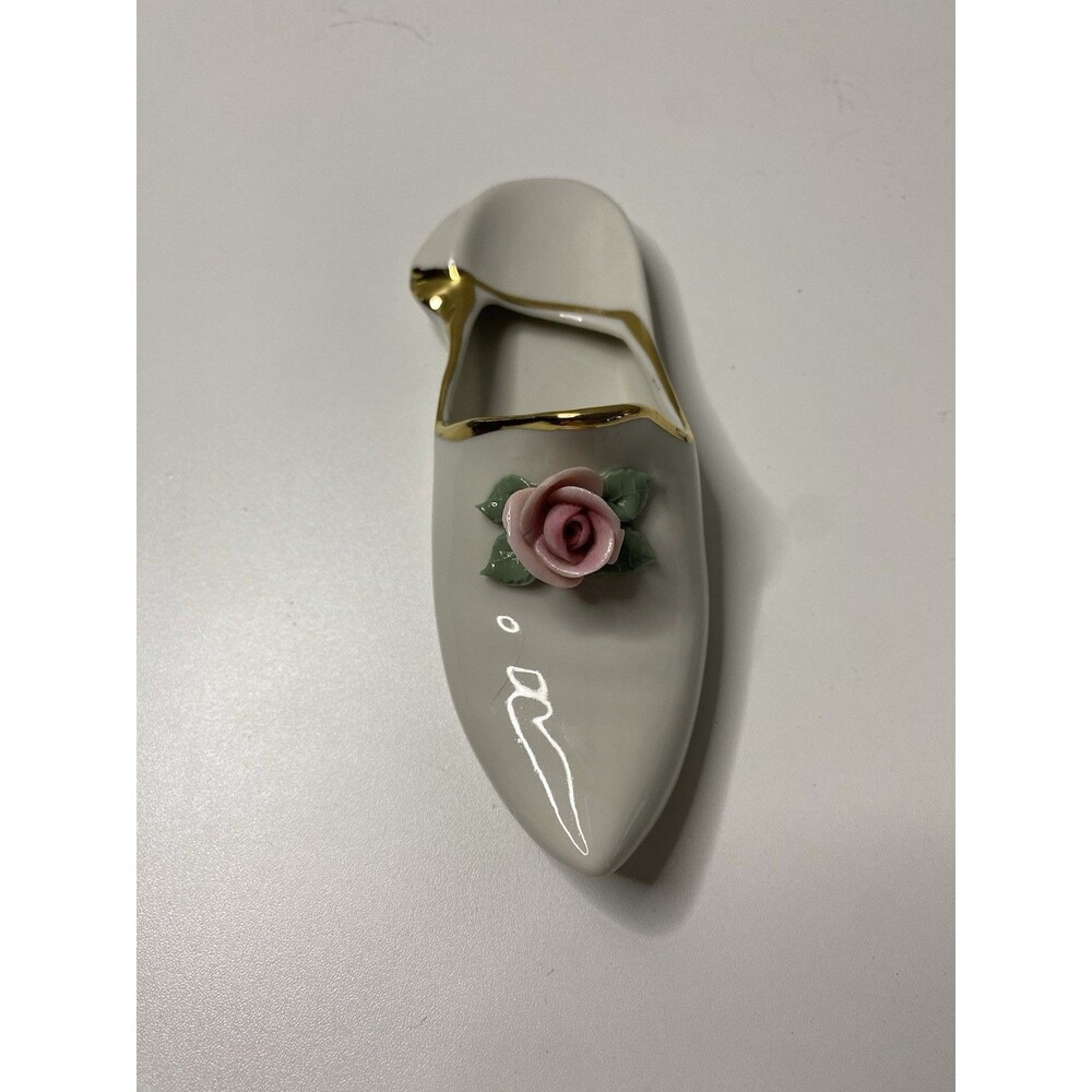 Vintage Dresden Porcelain 6" White Shoe Slipper w/ Pink Rose